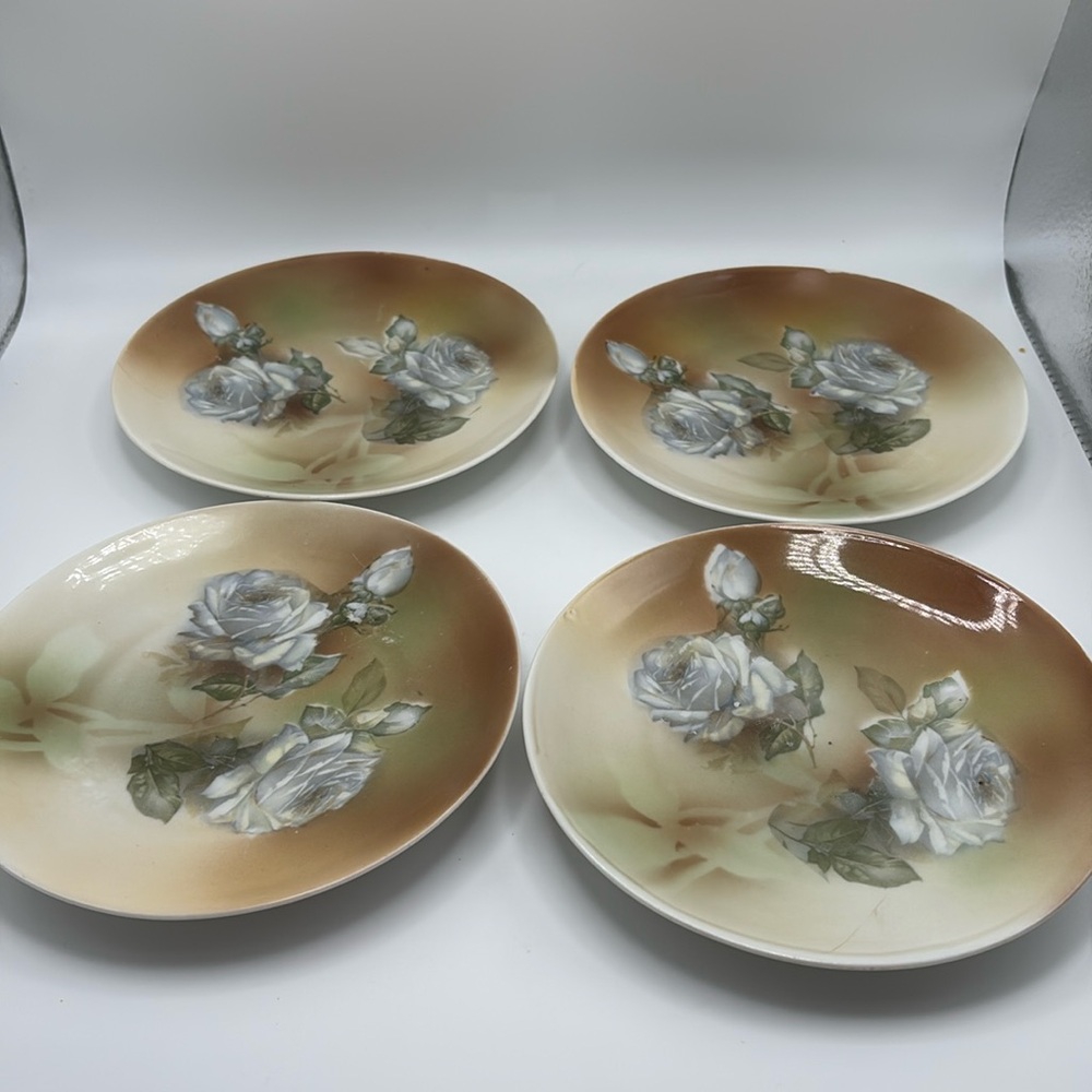Set of 4 Weimar Germany white roses hand painted 6” plates